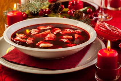 Polish Christmas red borscht with dumplings